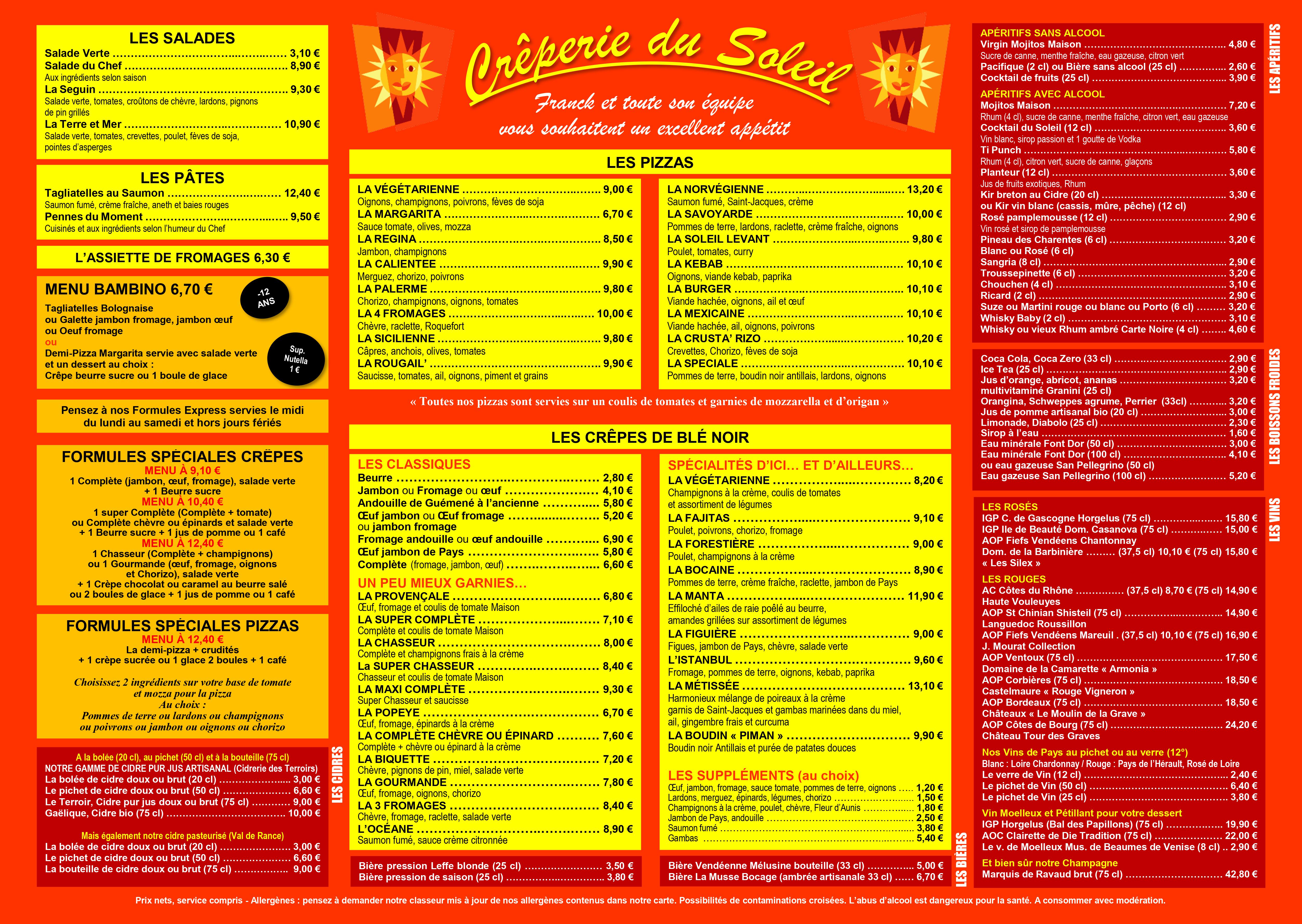 Menu crêperie Mouchamps, Vendée (85) Crêperie Du Soleil